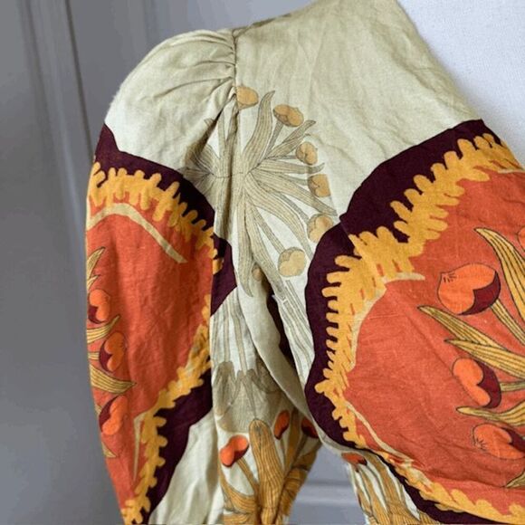 Nocturne Linen Blend Boho Crop Top Tie Puff Sleeves Gold Brown Orange Medium - Picture 4 of 15